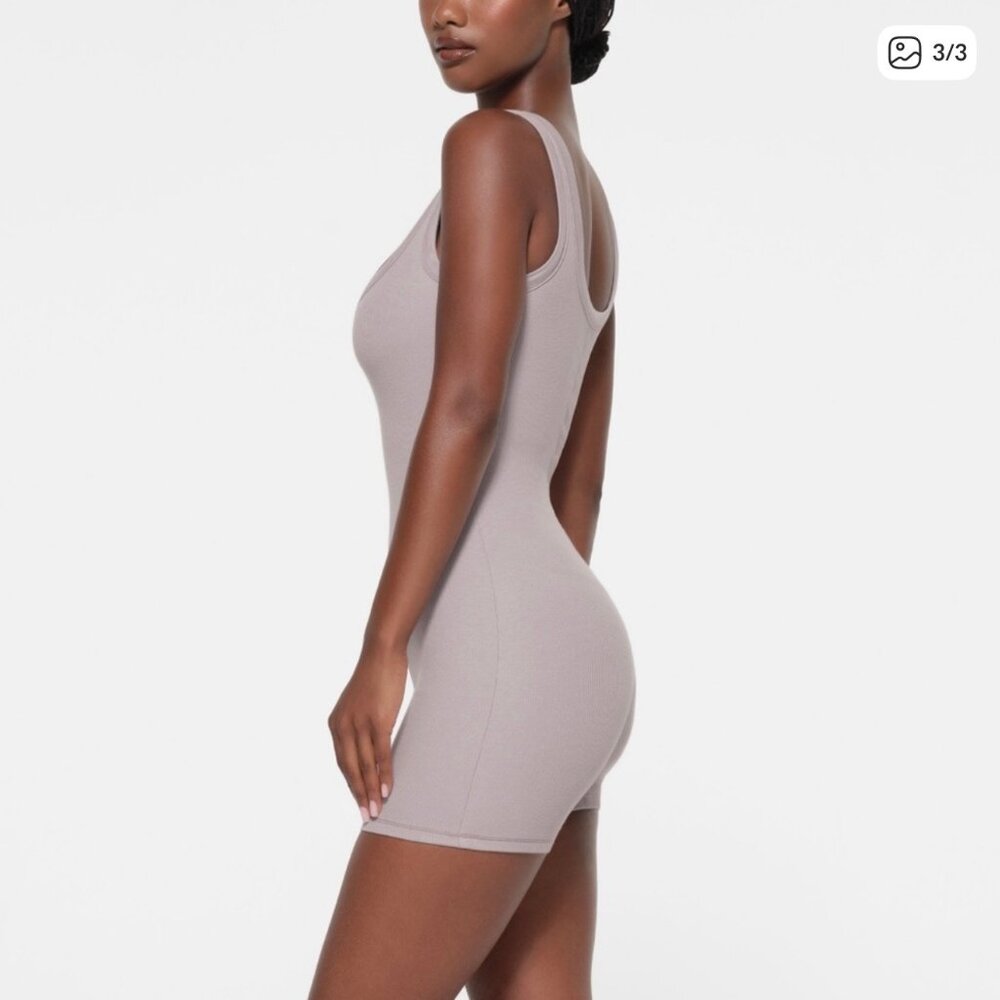SKIMS Sleeveless Scoop-Neck Ribbed Romper in Taupe - Picture 3 of 6
